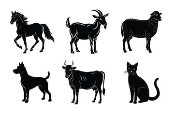 Animal silhouettes set. Domestic animals cat, dog, cow, horse, sheep, goat vector illustration