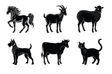 Animal silhouettes set. Domestic animals vector illustration