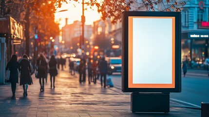 large outdoor bus stop advertising panel mockup, placed on a busy street with pedestrians and cars in the background