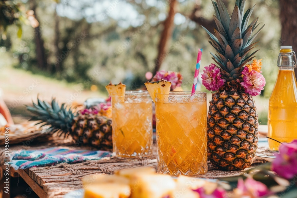 Poster summer picnic with pineapples and tropical drinks surrounded by nature in warm sunlight. generative 