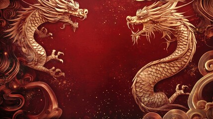 Fototapeta premium Chinese New Year dragon zodiac background with elegant design elements, creating space for your message to celebrate the Lunar New Year in style.