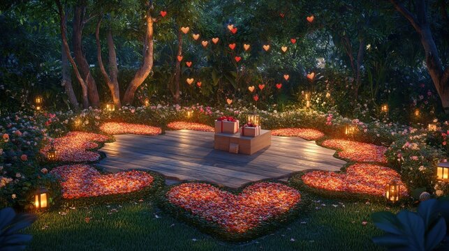 Enchanted Garden Proposal: A romantic proposal scene unfolds in a magical garden.  Rose petals create heart shapes surrounding a small table set for two, surrounded by candles and warm lighting.