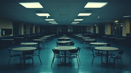 An empty dining hall with circular tables and chairs, illuminated by overhead lights.