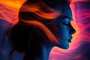 Woman with long hair, basking in bright orange light, casting a beautiful silhouette against a dark backdrop.