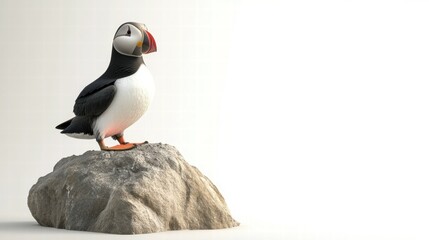Naklejka premium Puffin Perched on Small Rock with White Background for Elegant Display