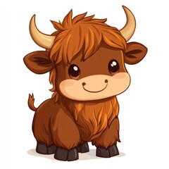Cute cartoon yak calf, smiling, white background, children's illustration