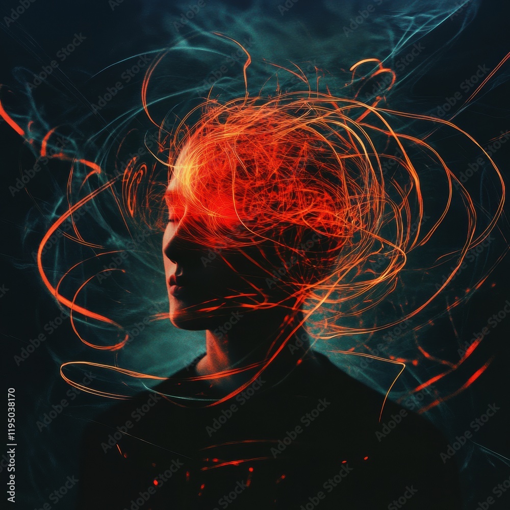 Aufkleber person contemplating surrounded by swirling lines and colorful abstract shapes in a dark setting. ge