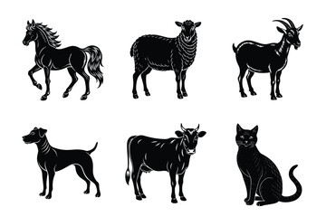 Animal silhouettes set. Domestic animals vector illustration