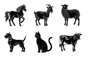 Animal silhouettes set. Domestic animals vector illustration
