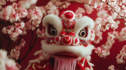 A traditional lion dance performance during a festive event, with dancers dressed in vibrant lion...