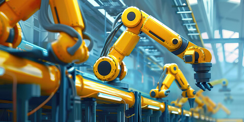 Multiple Yellow Industrial Robotic Arms on Assembly Line