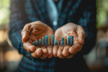 Business professional holding digital growth chart with colorful bars and line in hands showcasing success and innovation