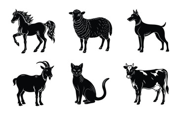Animal silhouettes set. Domestic animals vector illustration