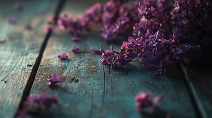 Close-up of blooming lilac branches on a wooden table with plenty of negative space for text