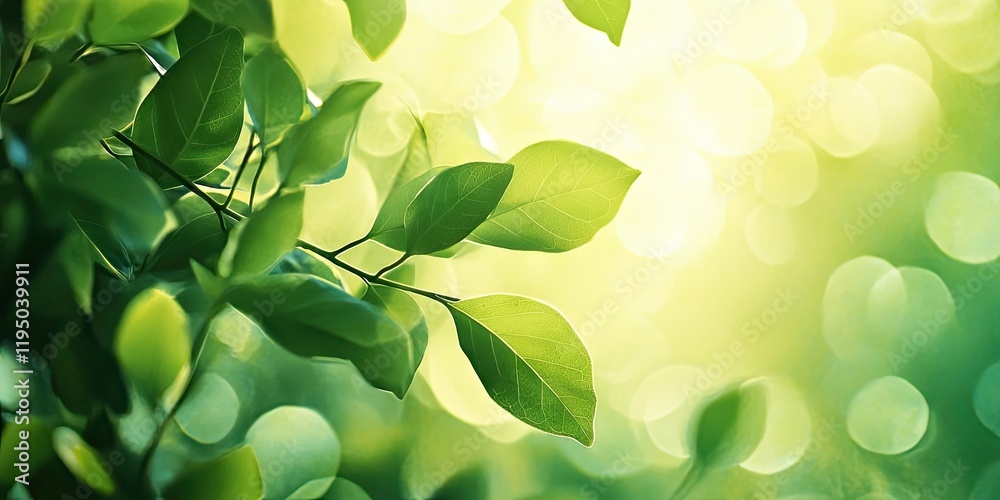 Canvas Prints Lush green leaves in soft focus with vibrant shades of light green and yellow in the background creating a serene, natural atmosphere.