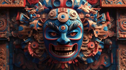 Detailed, fierce-looking masks with vibrant blue and red colors, placed against an ornate, decorative background, capturing the essence of culture.