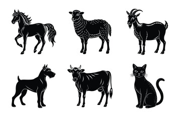 Animal silhouettes set. Domestic animals vector illustration