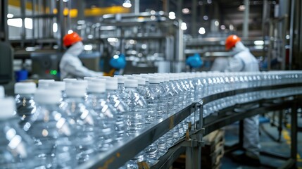 Obraz premium Bottle. Industrial production of plastic pet bottles. Factory line for manufacturing polyethylene bottles. Transparent food packaging. Plastic production and processing concept