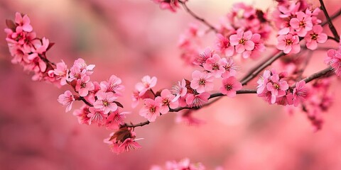 Obraz premium Delicate cherry blossoms in soft pink shades cluster on a slender branch against a dreamy blurred pink background, embodying spring's beauty.
