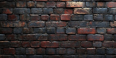 Obraz premium Textured dark brick wall backdrop featuring deep reds and rich blacks, evenly spaced bricks arranged in a horizontal pattern suitable for cover pages.