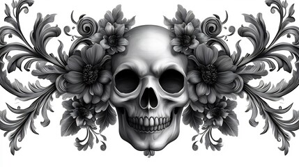 Fototapeta premium Baroque Skull with Floral Ornament: Monochromatic Illustration