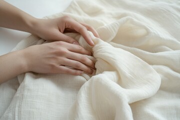 Gentle hands caress soft, textured fabric, creating serene and c