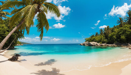 Tropical Paradise Beach Scene with Lush Palm Trees