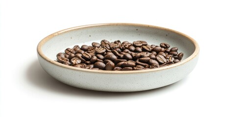 Fototapeta premium Ceramic plate with brown roasted coffee beans on a light gray rim positioned centrally on a clean white background showcasing minimalist design.