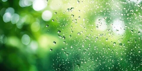 Fototapeta premium Raindrops glistening on a blurred mirror with a vibrant green garden backdrop showcasing a macro perspective and selective focus on droplets.