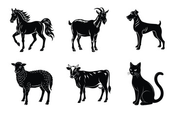 Animal silhouettes set. Domestic animals vector illustration