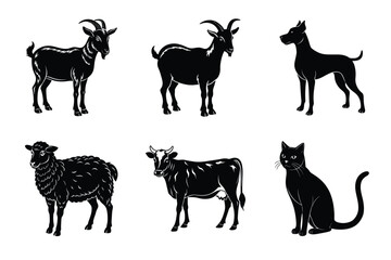 Animal silhouettes set. Domestic animals vector illustration