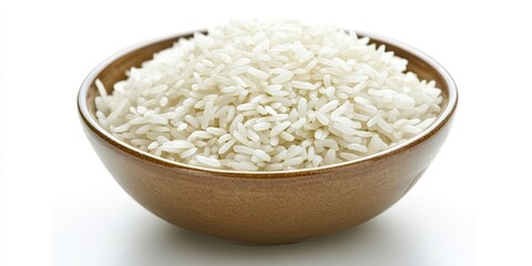 Brown bowl filled with white rice placed centrally against a bright white background emphasizing texture and color contrast in a minimalist style