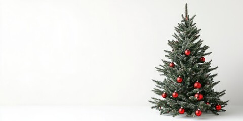 Contemporary Christmas tree adorned with red ornaments set against a plain white background with ample negative space for text on the left side