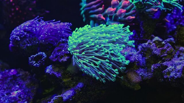 leather coral fluorescent tentacle, hardy animal pet absorb dissolved organic matter, capitulum head move in laminar flow, LED low light, live rock stone aquadesign, beginner reef marine aquarium