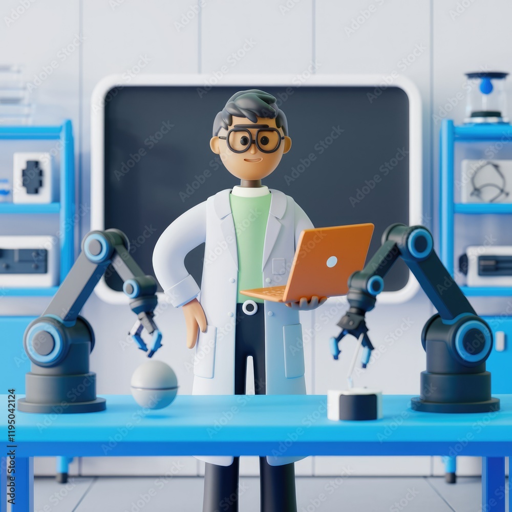 Poster a 3d-rendered cartoon scientist uses a laptop in a futuristic lab, surrounded by robotic arms.