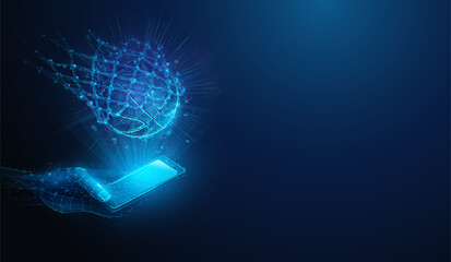 Abstract illustration of low poly basketball falling into the net and score points over smartphone in hand. Blue geometric background depicting online sports betting concept by wireframe mesh