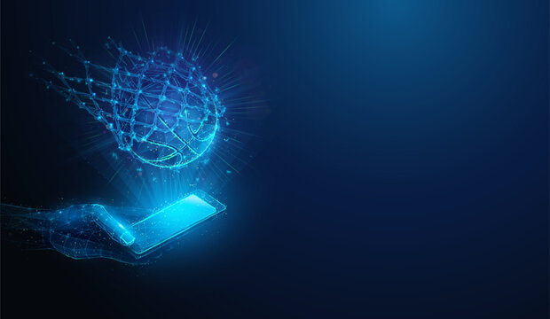 Abstract illustration of low poly basketball falling into the net and score points over smartphone in hand. Blue geometric background depicting online sports betting concept by wireframe mesh