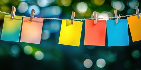 Line of colorful paper clips hanging on a line