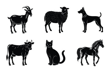 Animal silhouettes set. Domestic animals vector illustration
