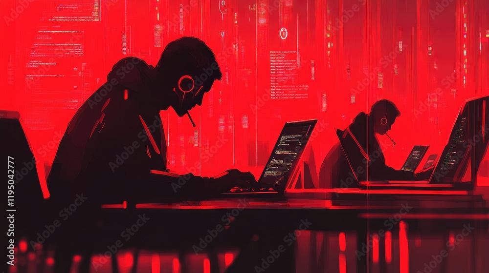 Aufkleber Faceless hackers in red shadows working on laptops, with floating digital symbols and glowing lines, capturing the essence of cyber threats and hacking activities.