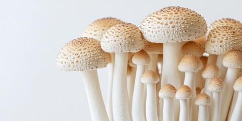 Bunashimeji mushrooms clustered together with light beige caps and creamy white stems against a soft white background showcasing natural textures
