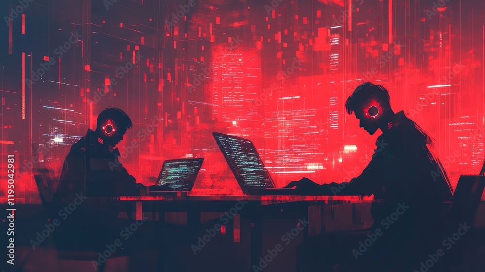 Aufkleber Faceless hackers in red shadows working on laptops, with floating digital symbols and glowing lines, capturing the essence of cyber threats and hacking activities.