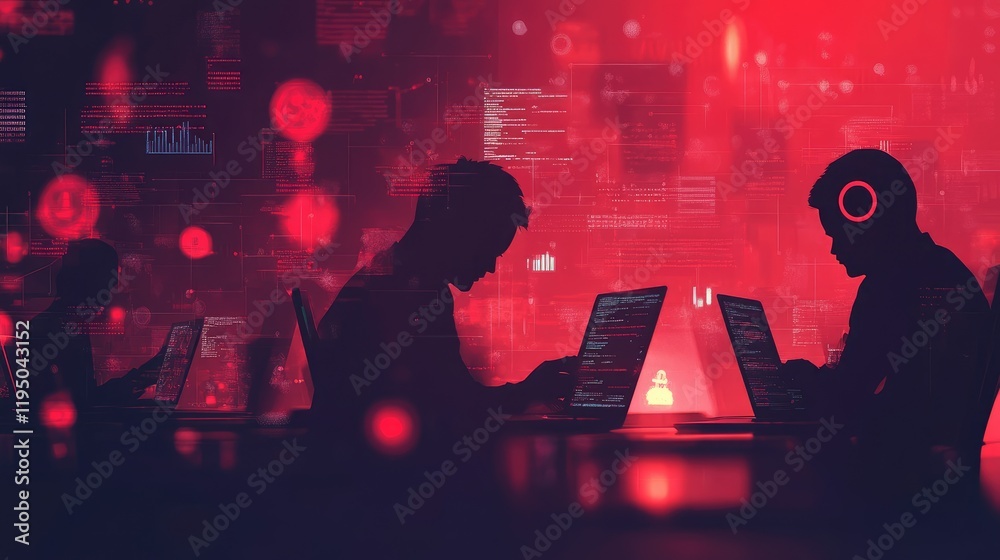 Poster faceless hackers in red shadows working on laptops, with abstract digital symbols surrounding them, 
