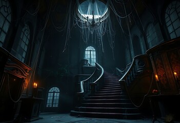 Dark Grand Staircase Mysterious Mansion Webbed Chandelier Dim Lighting