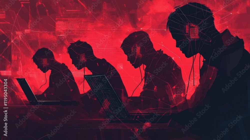 Aufkleber faceless hackers in red shadows working on laptops, with abstract digital symbols surrounding them, 