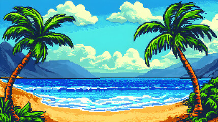 Obraz premium Pixel art tropical beach scene with palm trees, ocean waves, and sandy shore. Ideal for summer vacation, travel, or game backgrounds.