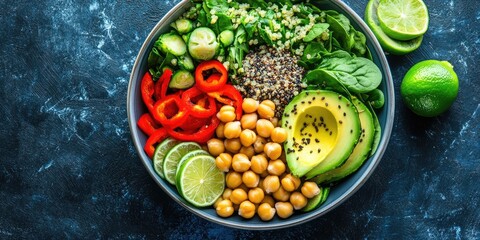 Nutritious Buddha bowl filled with chickpeas avocado quinoa and colorful vegetables on a blue stone background with lime slices arranged around.