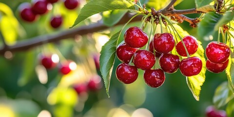 Fototapeta premium Vibrant red cherries hanging in clusters from green leafy branches with soft blurred green background highlighting fresh organic fruit growth