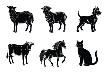Animal silhouettes set. Domestic animals vector illustration