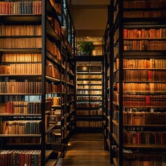 Obraz premium Cozy Library Photograph Featuring Wooden Bookshelves, Warm Lighting, and a Tranquil Reading Space